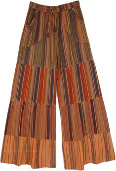 Cotton fabric and wide-leg pants, two perfect words for summertime comfort, these pants are stylish and perfect to lounge around in.  With a striped pattern with shades of orange, and the added shades of purple, green, blue, etc these loose pants make a unique pair. #tlb #Striped #bohemianfashion #BohemianPants Bohemian Striped Bottoms For Vacation, Bohemian Striped Bottoms For Spring, Summer Vacation Brown Wide Leg Pants, Bohemian Wide Leg Striped Pants, Multicolor Cotton Wide Leg Hippie Pants, Summer Multicolor Wide Leg Pants With Pockets, Summer Wide Leg Pants With Pockets In Multicolor, Multicolor Wide Leg Pants For Beach, Summer Orange Wide Leg Pants With Pockets