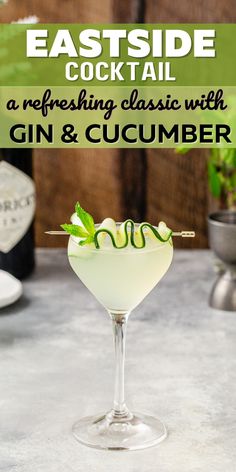 Side view of a green drink in a nick and nora cocktail glass with a cucumber slice weaved onto a pick as a garnish. A small sprig of mint is on the side of the cucumber. Gin Drink Recipes, Sugar Free Cocktails, Mint Drink, Mint Cocktails