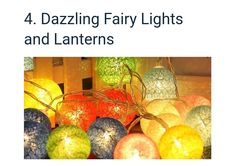 four different colored lights sitting next to each other in front of a white sign that says 4 dazzled fairy lights and lanterns