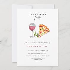 a pizza and wine glass are on the card