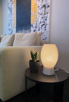 a white couch sitting next to a table with a potted plant on it