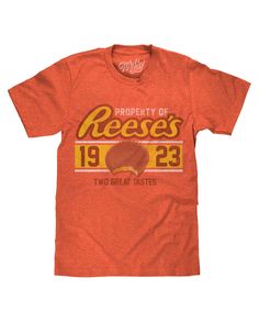 an orange t - shirt with the words property of reeses 1932 and two great tastes