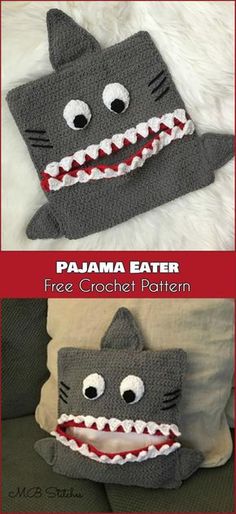 crochet pattern for a cat pillow with teeth and fangs on the front, and in the back