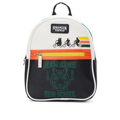 Stranger Things Hawkins Mini Backpack, Multi-Color Nwt Material: 100% Polyurethane; Lining: 100% Polyester Care: Spot Clean Country Of Origin: Imported Dimensions: 8.5" W X 10.5" H X 4.5" D. Width Is Measured Across The Bottom Of The Backpack. Handle Type: Top Handle; Shoulder Straps Closure: Zip Closure At Main Compartment Exterior Details: Pebbled Finish With Contrast Prints; Front Zip Pocket Interior Details: Lined Main Compartment Netflix, All Rights Reserved Unisex Stranger Things Mini Back Retro Bags With Zipper Closure For Back To School, Retro School Backpack With Zipper, Retro School Backpack With Zipper Closure, Everyday Synthetic Bags With Zipper Closure, Synthetic Bags With Zipper Closure For Everyday Use, White Sporty College Bags, White Backpack With Zipper For Back To School, White Backpack For Back To School With Zipper, White Backpack With Zipper Closure For Back To School