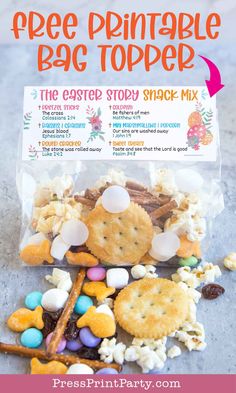 a bag filled with candy and marshmallows next to a sign that says free printable bag topper