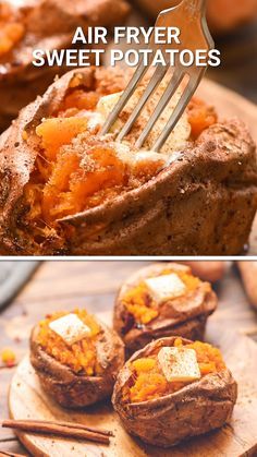 there are two pictures of baked potatoes and one has a fork stuck in it with butter on top