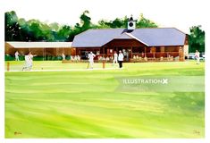 a painting of people playing cricket in front of a building with green grass and trees