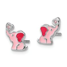 Rhodium over sterling silver polished left and right pair of children's elephant earrings with pink enamel and cubic zirconia stones. Measures approximately 3/8"L x 3/8"W and have friction post and push back closures. Pink Enamel Jewelry For Birthday, Personalized Pink Sterling Silver Jewelry, Cute Pink Sterling Silver Jewelry, Pink Sterling Silver Earrings For Birthday, Nickel-free Pink Sterling Silver Earrings, Pink Cubic Zirconia Jewelry For Birthday, Elephant Theme, Elephant Earrings, Pink Enamel