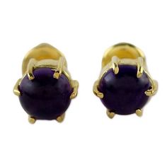 Crafted of 18k gold plated sterling silver these petite stud earrings make wonderful companions wherever they go. Designed by Thailand's Khun Boom the earrings feature stones of purple amethyst for a regal appearance. Amethyst Studs, Mary I, Amethyst Color, Buy Gold, Gold Stud, Women Artisans, Jewelry Packaging, Jewelry Gift Box, Purple Amethyst