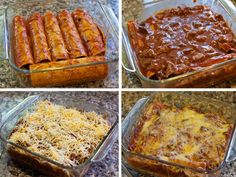 four pictures show different stages of making lasagna casserole in glass pans