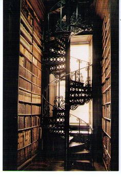 a spiral staircase in the middle of a room filled with books