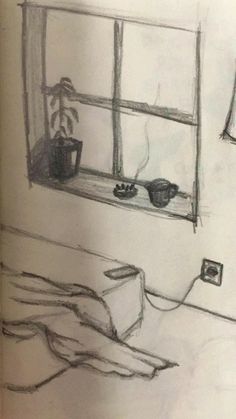 a drawing of a room with a window and some plants in the window sill