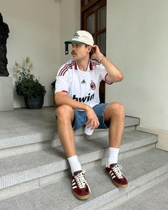 follow for more fashion inspo Milan Jersey Outfit, Ac Milan Jersey Outfit, Sports Jersey Outfit, Ac Milan Jersey, Calm Fits, Vacation Outfits Men, Looks Adidas, Football Jersey Outfit, Outfit Retro