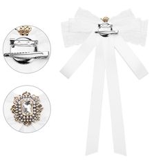 Suitable for daily use, it is a good gift for your friends. Perfect for parties, weddings, everyday office work, or other occasions. Wear it with stand-collar shirts, sweaters, blouses, and dresses for an elegant look and added glamour. There are two fastening methods: Locking the brooch on the back makes clipping your tie quicker and easier. Bow tie brooches for Women Light up your outfits! Notes： 1. This tie is pre-tied design, no need to tie it yourself. 2. Due to different computer monitors Formal White Brooch With Bow, Formal White Bow Brooches, Formal White Bow Brooch, Elegant White Lapel Pin For Wedding, White Brooch With Decorative Bow For Gift, White Ribbon Brooches For Party, White Decorative Bow Jewelry For Wedding, White Jewelry With Decorative Bow For Wedding, Elegant White Pins For Formal Occasions