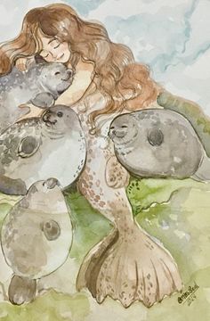 a watercolor painting of a woman hugging two baby sea animals with her head on the back of another fish