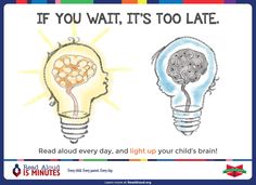 two light bulbs with the words if you wait, it's too late read all about every day and light up your child's brain