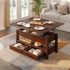 a living room with a couch, coffee table and other items on the carpeted floor