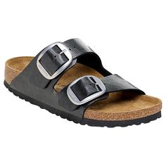 Birkenstock Arizona Big Buckle Slide Sandal  An oversized buckle adds elevated style to the Arizona, showcasing the comfortable two-strap design with Birkenstock's classic contoured cork footbed.  Good to Know Casual Black Footbed Sandals With Tang Buckle, Classic Black Footbed Sandals With Buckle Closure, Double Strap Cork Footbed Sandals With Buckle Closure, Double Strap Cork Footbed Sandals With Buckle, Black Cork Sandals With Buckle Closure, Madrid Big Buckle Birkenstock, Arizona Birkenstock Big Buckle, Black Arizona Birkenstocks, Birkenstock Big Buckle