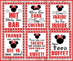 mickey mouse birthday party signs with red and white polka dots on the bottom, one for each