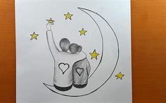 a drawing of two people hugging on the moon