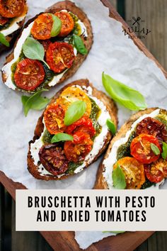 bruschetta with pesto and dried tomatoes on toasted bagel bread