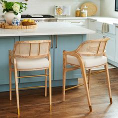 two chairs sitting on top of a kitchen counter