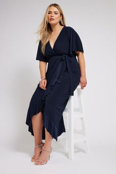 Shop YOURS LONDON Curve Navy Blue Ruffle Hem Wrap Dress at Yours Clothing. Discover women’s plus size clothing in sizes 10-36 with fast delivery. Plus Size Dresses Navy, Plus Size Wrap Dress Casual, Navy Wrap Dress Black Tie, Plus Navy Dress, Off Shoulder Maxi Dress, Party Dress Sale, Long Tall Sally, Pinturas Disney, Maxi Dress Navy