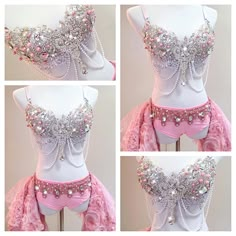 four different views of a pink and silver corset with pearls on the bust