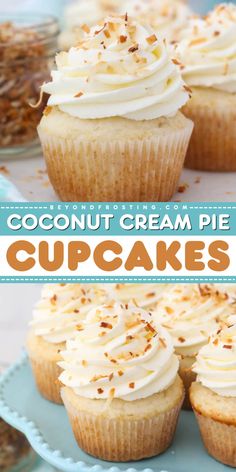 coconut cream pie cupcakes on a blue plate