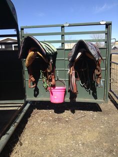 two horses with saddles on their heads are standing next to a pink bucket and fence