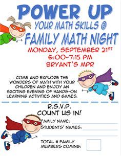 a child's birthday party flyer with two kids dressed as superheros and the text power up your math skills family math night