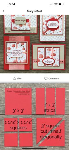 the instructions for how to make a card with red and white paper, including two different sizes