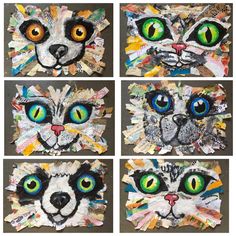 four different pictures of cats made out of paper and torn up with colored eyeballs