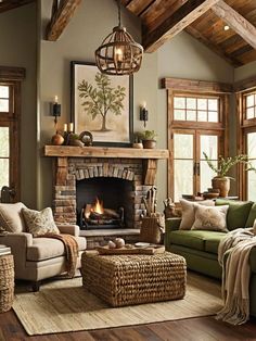 a living room filled with furniture and a fire place in the middle of a room