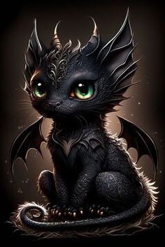 a black dragon with green eyes sitting on the ground in front of a dark background