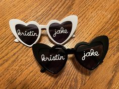 three heart shaped sunglasses with the words britin, joe and joke written on them