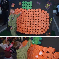 Poke-a-pumpkin Trunk-or-Treat game - orange and green solo cups filled with candy with a square piece of tissue paper secured with glue stick in Tim and rubber band - hot glued to board Fall Festival Games, Halloween Camping, Fall Carnival, Festival Games, Dulces Halloween, Fiesta Tropical