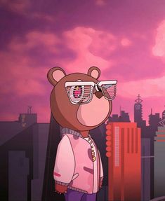 a cartoon bear wearing sunglasses standing in front of a city