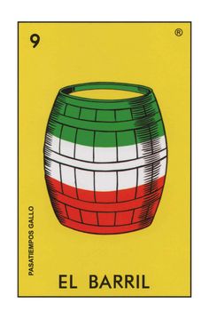 a card with an image of a barrel on the front and bottom, in red white and green