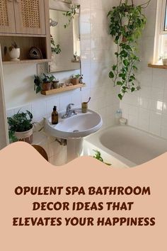 an open bathroom with plants on the wall and a bathtub in the corner, next to a sink