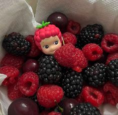 there is a small doll sitting in a bag of berries and raspberrys