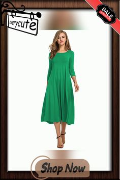 Green 3/4 Sleeve High Waist Casual Dress Spring Solid Color Half Sleeve Midi Dress, Solid Half Sleeve Midi Dress For Spring, Green 3/4 Length Dress For Spring, Green Half Sleeve Dress For Fall, Green Half Sleeve Fall Dresses, Casual 3/4 Length Dresses For Fall, Casual 3/4 Length Fall Dresses, Solid Color Dresses With 3/4 Sleeve For Fall, Casual Green Midi Dress With 3/4 Sleeves