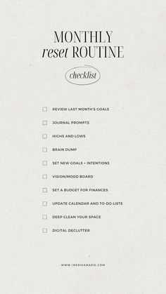 Feb 26, 2023 - A monthly reset routine to prepare you for a new month, new goals, and new intentions. Plus, a free checklist to create your own routine. Being That Girl Routine, Healthy Life Checklist, To Do List Routine, Productive Night Routine Ideas, Nightly Routine Checklist, Wellness Routine Checklist, Reset Night Routine, That Girl Lifestyle Routine, Clean Girl Aesthetic Checklist