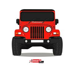 the front end of a red jeep