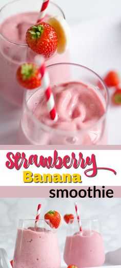 strawberry banana smoothie in glasses with strawberries on the rim and text overlay