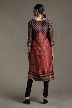 Red and black straight kurta with all over sanganeri prints and light kashida embroidery. Paired with a churidar and printed dupatta. - Aza Fashions Transitional Red Kurta With Printed Motifs, Red Block Print Kurta For Designer Wear, Designer Red Block Print Kurta, Red Block Print Kurta For Transitional Season, Transitional Red Block Print Kurta, Red Kalamkari Print Kurta For Transitional Season, Transitional Red Kurta With Kalamkari Print, Fitted Red Kurta With Printed Motifs, Red Fitted Kurta With Printed Motifs