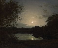 a painting of a moon setting over a lake with trees in the foreground and a dark sky