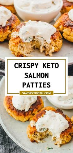 crispy keto salmon patties on a plate with ranch dressing