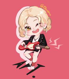 a drawing of a blonde haired girl playing an electric guitar and singing into the microphone