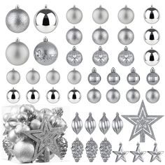 christmas ornaments and decorations are shown in black and white, as well as silver ornament